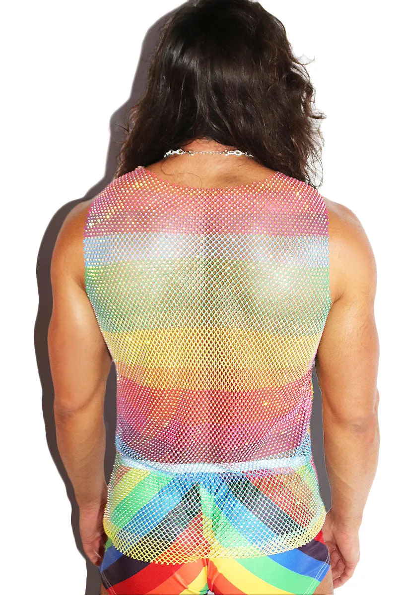 Bling Rainbow Stripe Mesh Racerback Tank- Multi