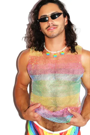 Bling Rainbow Stripe Mesh Racerback Tank- Multi