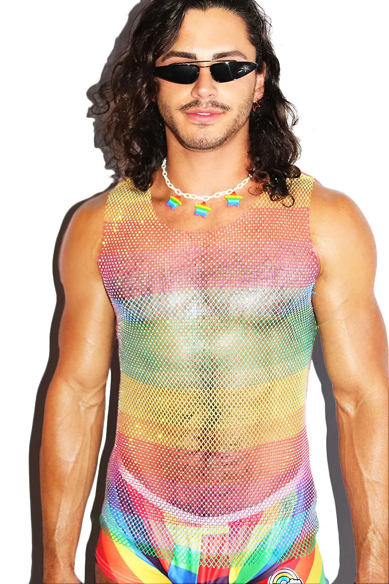 Bling Rainbow Stripe Mesh Racerback Tank- Multi