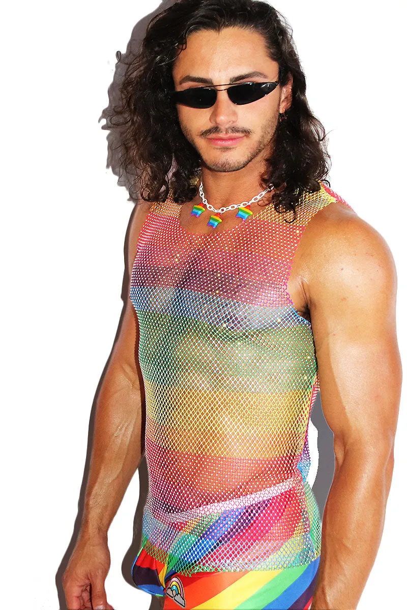 Bling Rainbow Stripe Mesh Racerback Tank- Multi