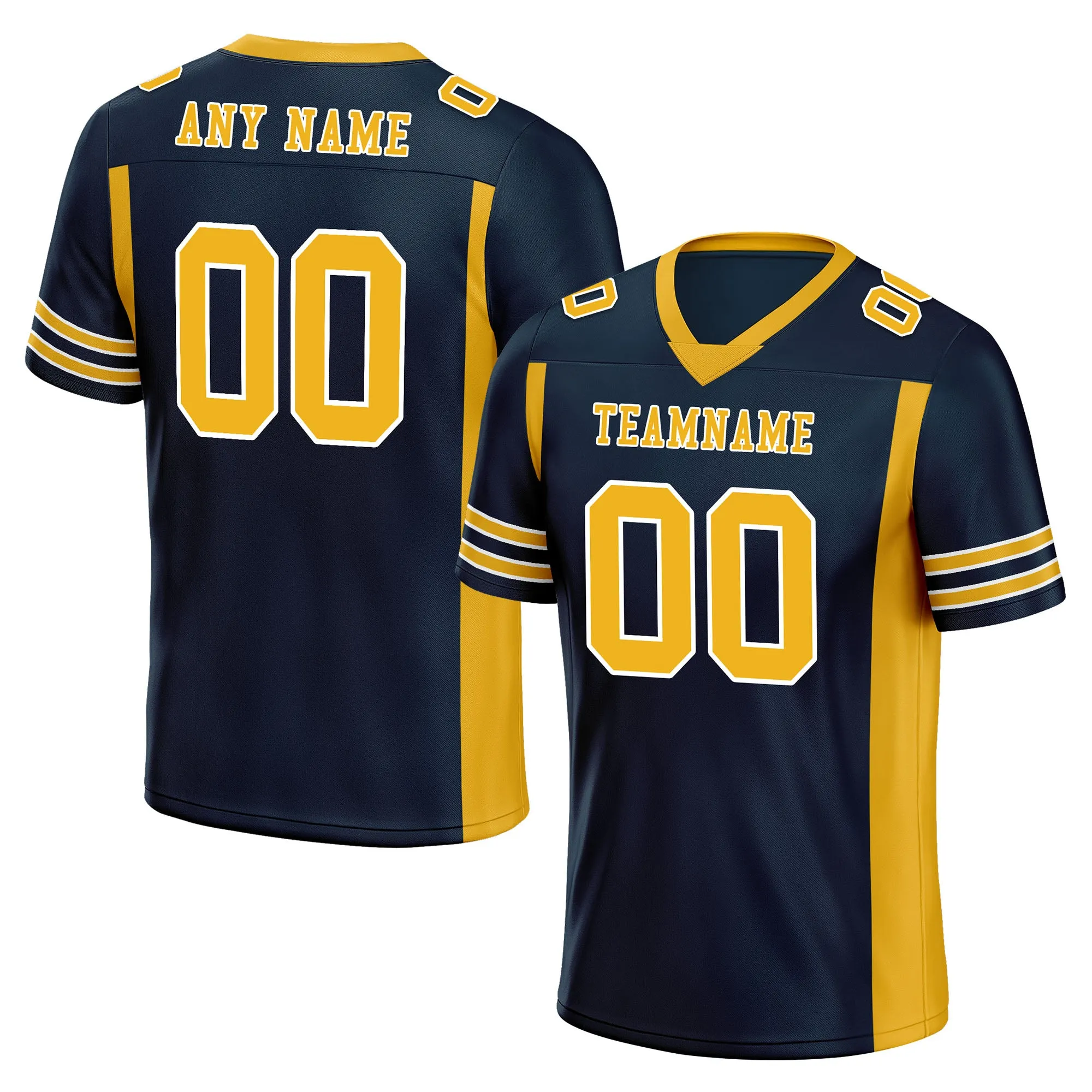 Custom Navy Blue Yellow Striped Sleeves Personalized Authentic Football Jersey FBJ02-D06078