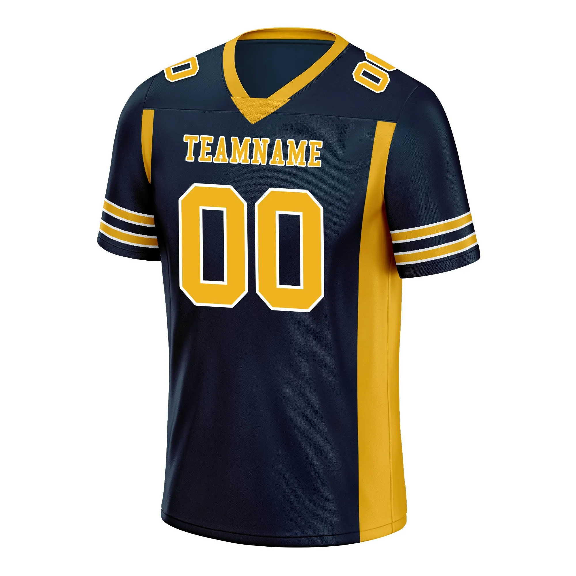 Custom Navy Blue Yellow Striped Sleeves Personalized Authentic Football Jersey FBJ02-D06078