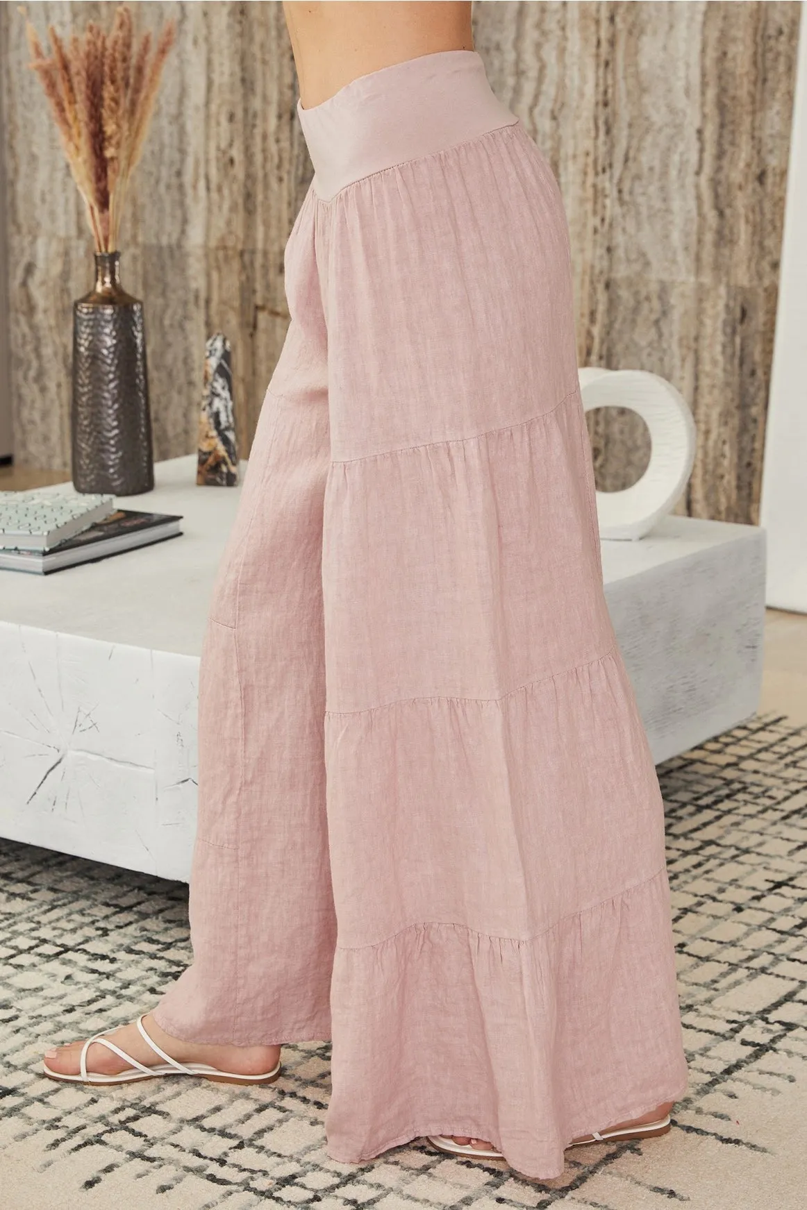 Dusty Rose Linen Tiered Palazzo Pants