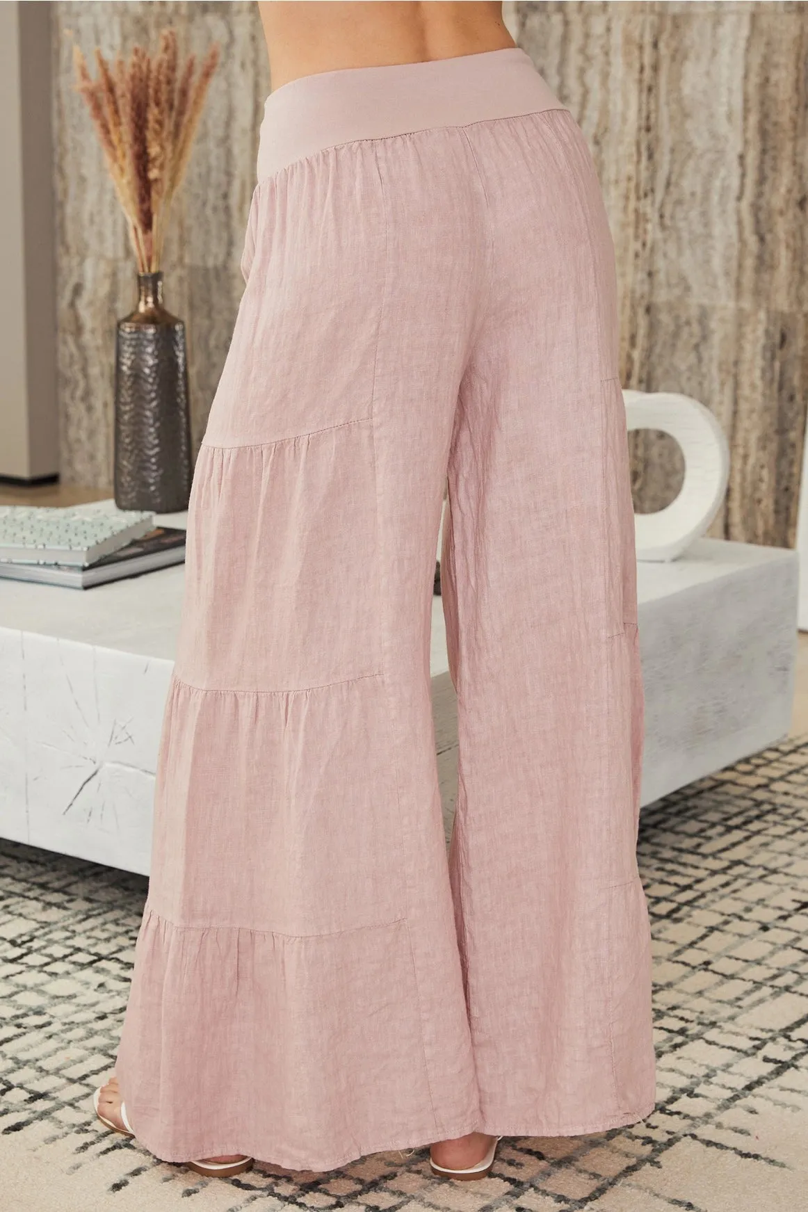 Dusty Rose Linen Tiered Palazzo Pants