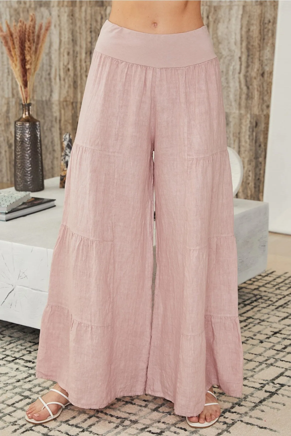 Dusty Rose Linen Tiered Palazzo Pants