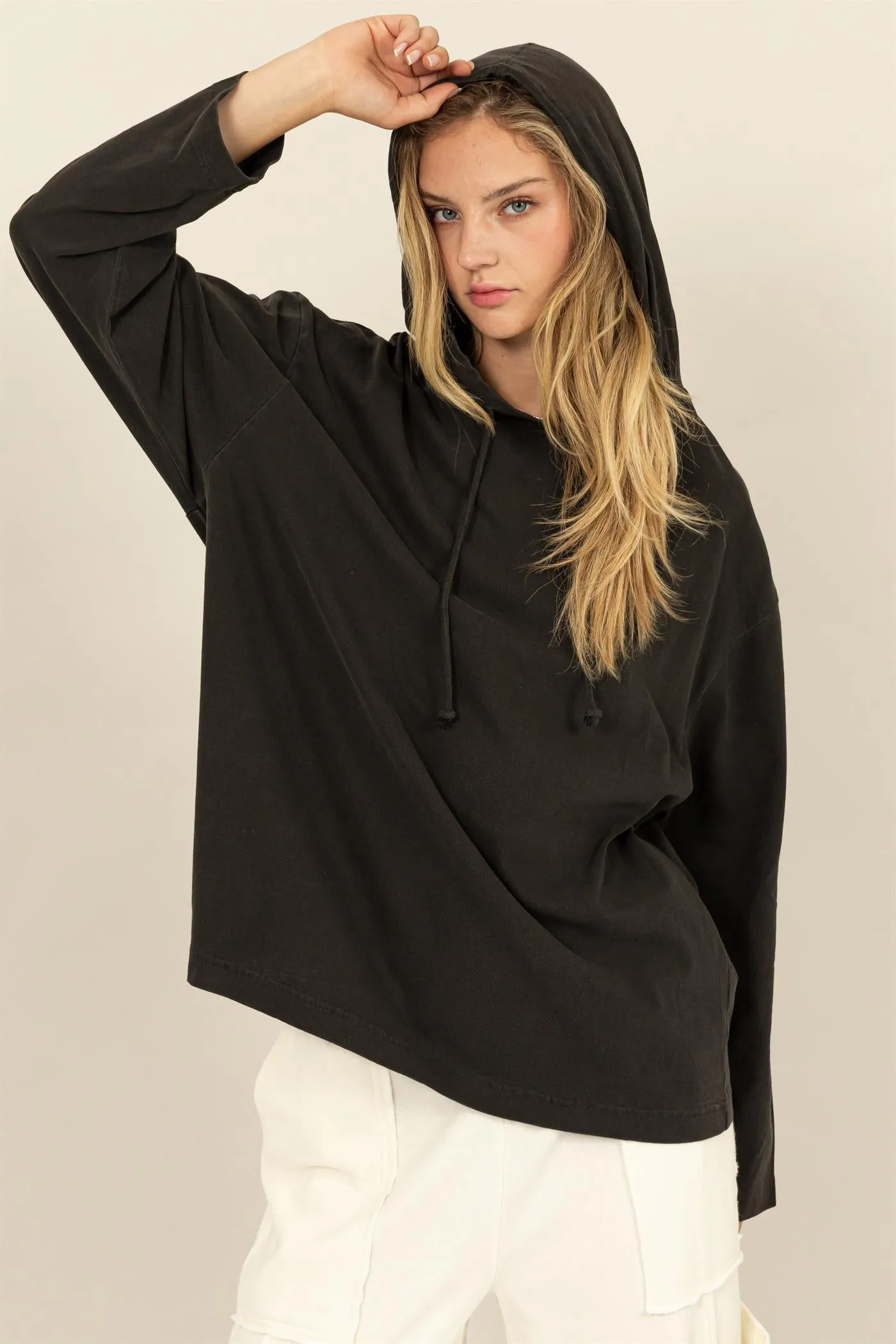 DZ24E495-OVERSIZED HOODED LONG-SLEEVE TOP