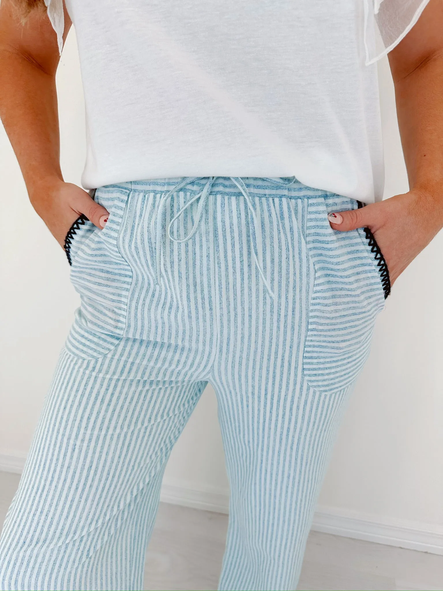 Effortless Style Striped Wide Leg Pants - Dusty Blue