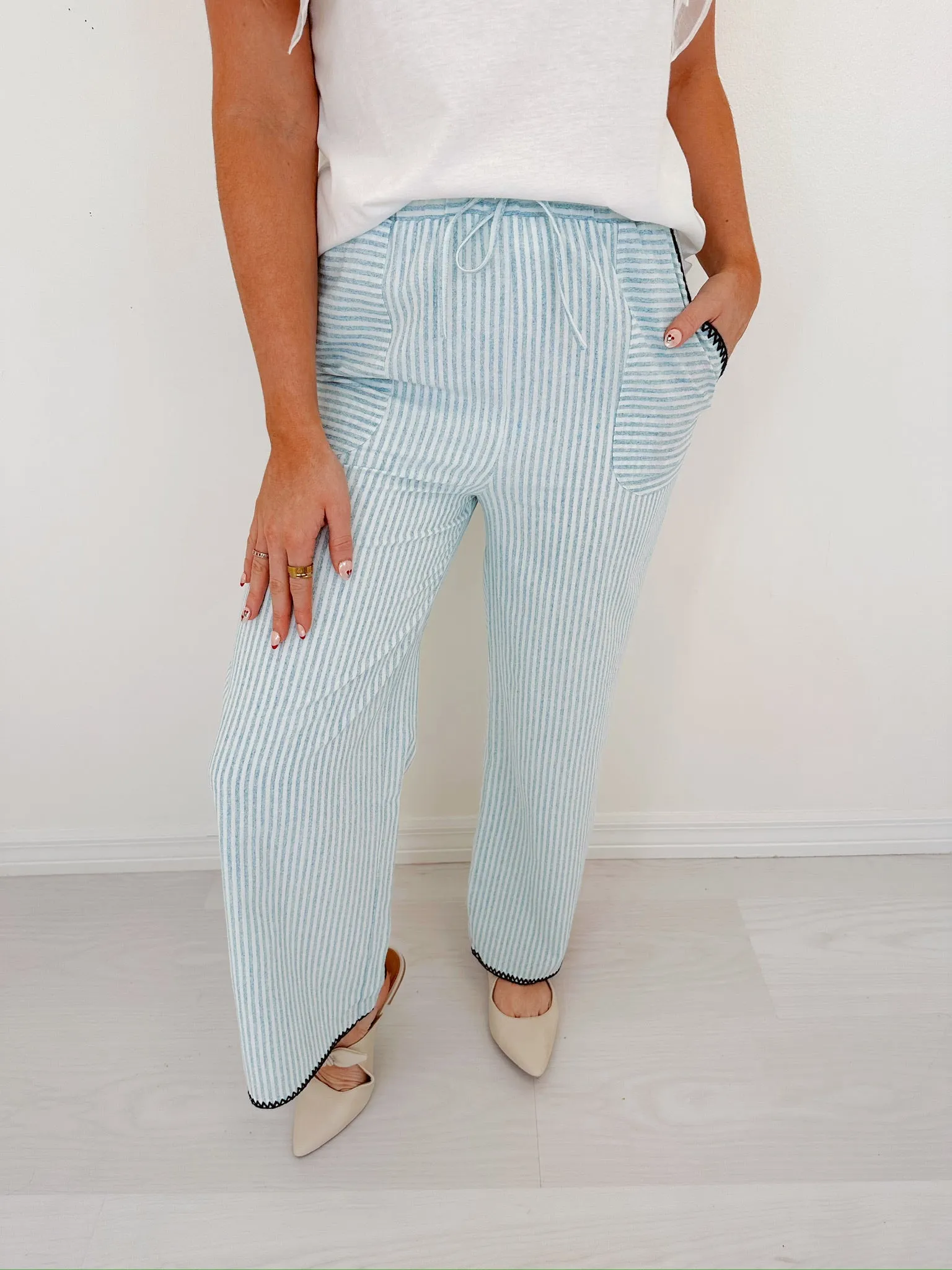Effortless Style Striped Wide Leg Pants - Dusty Blue