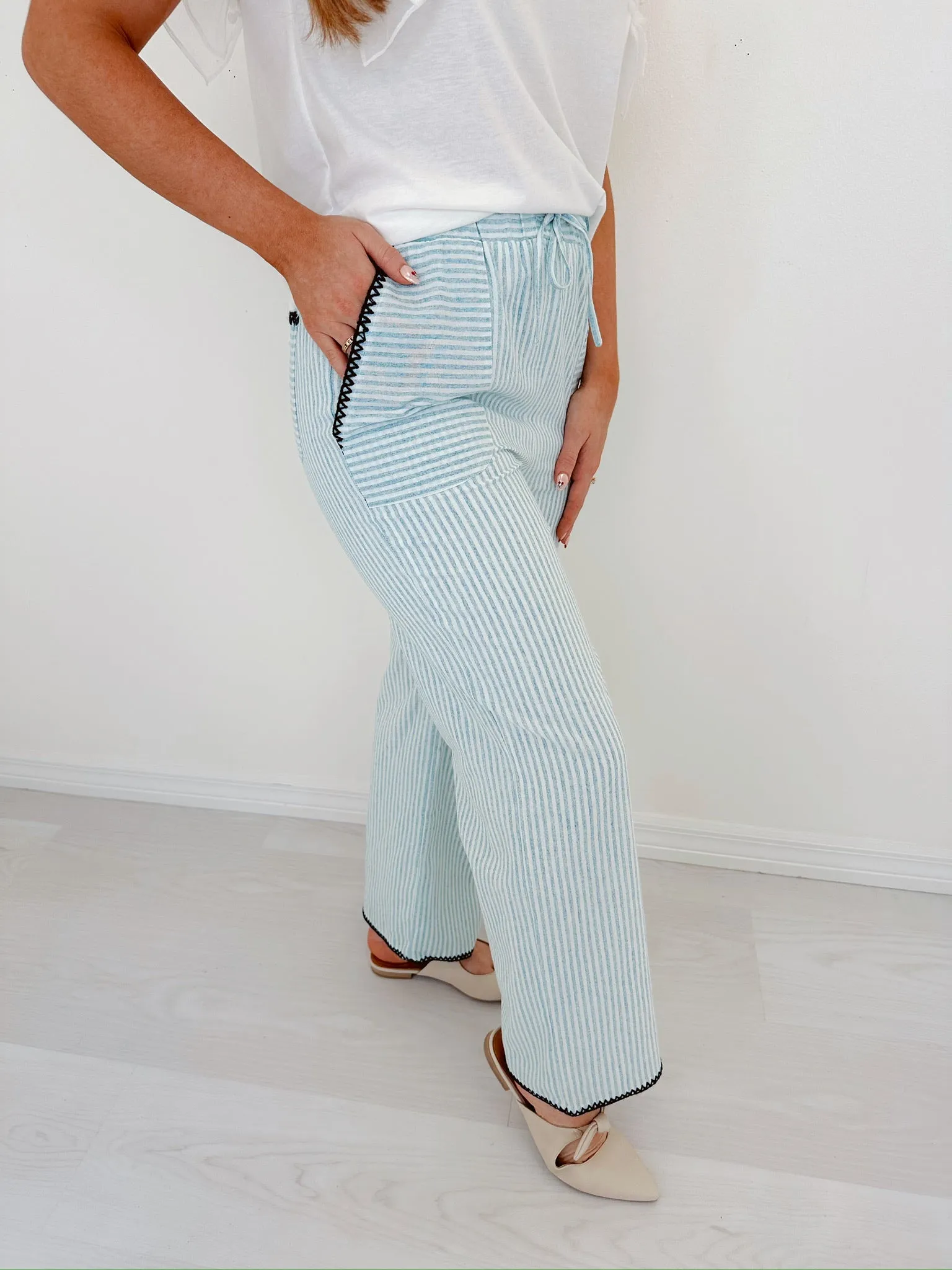 Effortless Style Striped Wide Leg Pants - Dusty Blue