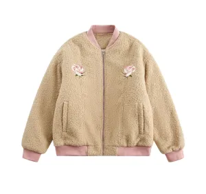 Embroidered Rose - Fleece Fluffy Jacket, Unisex