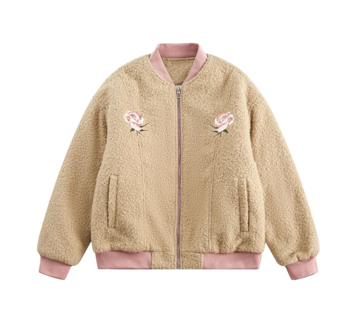 Embroidered Rose - Fleece Fluffy Jacket, Unisex