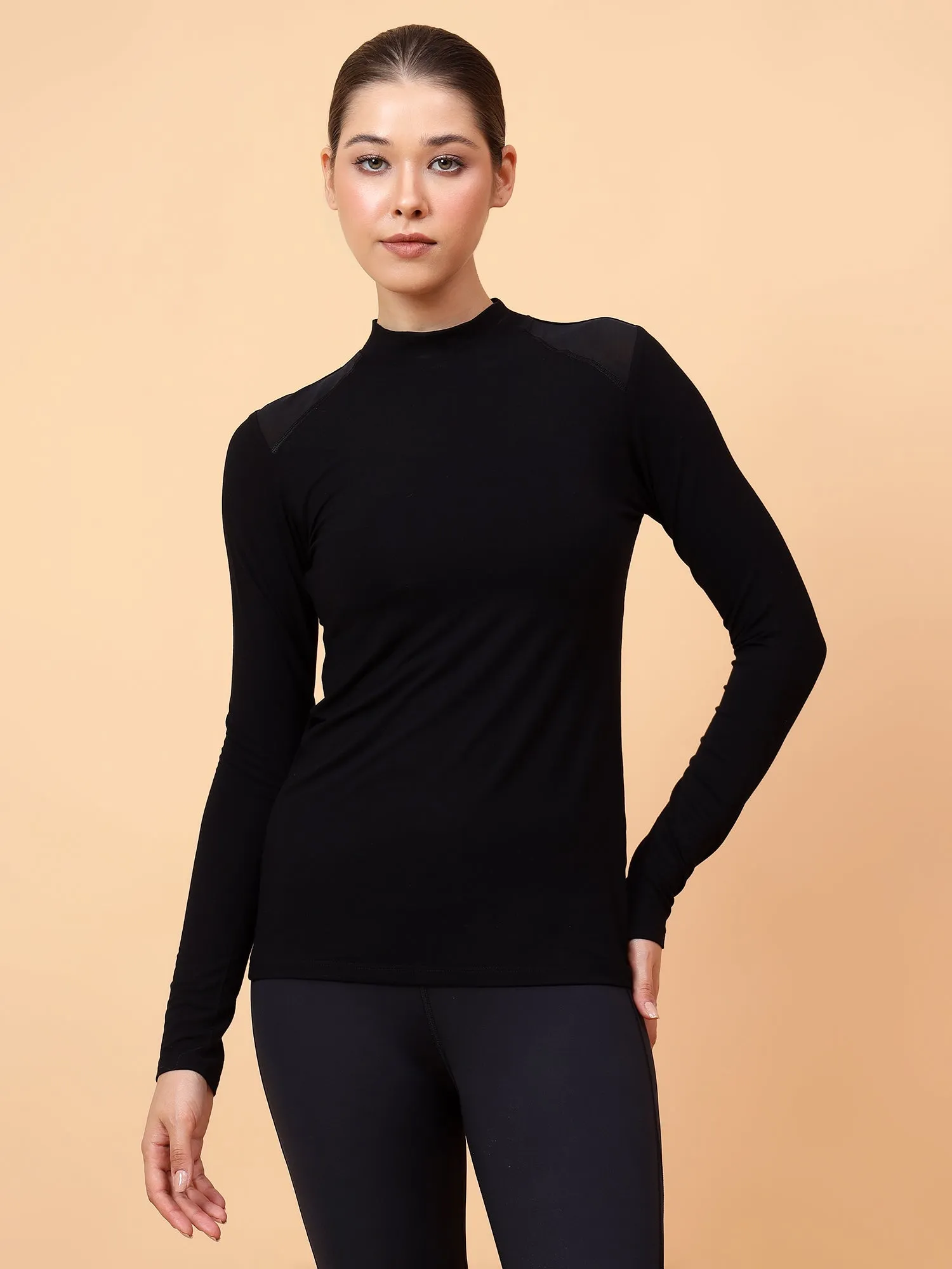 Fitkin Women Black Shoulder Net Panel Tshirt