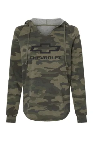 General Motors Chevrolet Bowtie Women’s Lightweight Camo Hoodie Sweatshirt, California Wave Wash Pullover for Chevy Enthusiasts, Relaxed Fit, V-Neck, Raglan Sleeves, Gift Idea