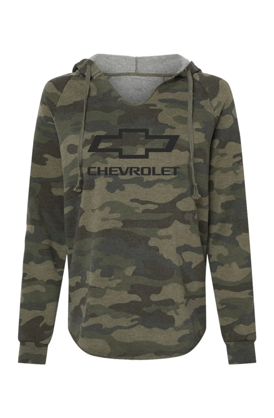 General Motors Chevrolet Bowtie Women’s Lightweight Camo Hoodie Sweatshirt, California Wave Wash Pullover for Chevy Enthusiasts, Relaxed Fit, V-Neck, Raglan Sleeves, Gift Idea