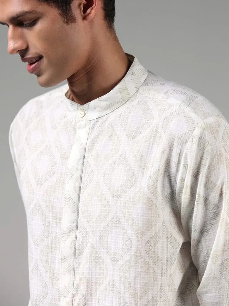Kala by ETA Off White Floral Motif Printed Blended Linen Kurta