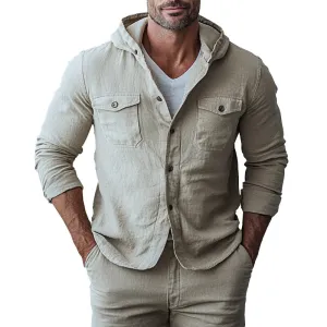 Men's Casual Chest Pocket Single Breasted Long Sleeve Hooded Shirt