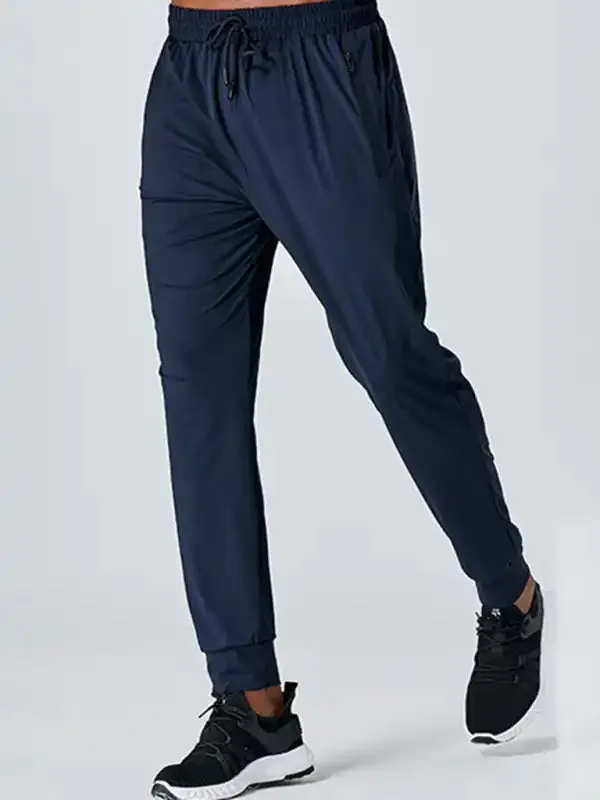 Men’s quick-drying elastic casual fitness training zipper trousers