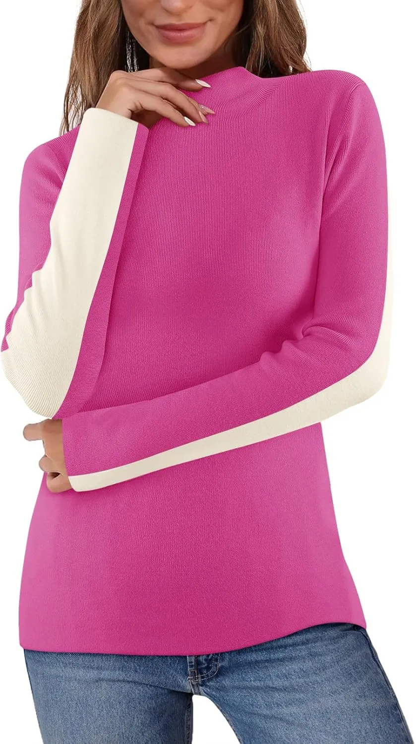 MEROKEETY Women's 2025 Fall Mock Neck Lightweight Pullover Sweater Fitted Ribbed Long Sleeve Color Block Knit Tee Shirt Tops