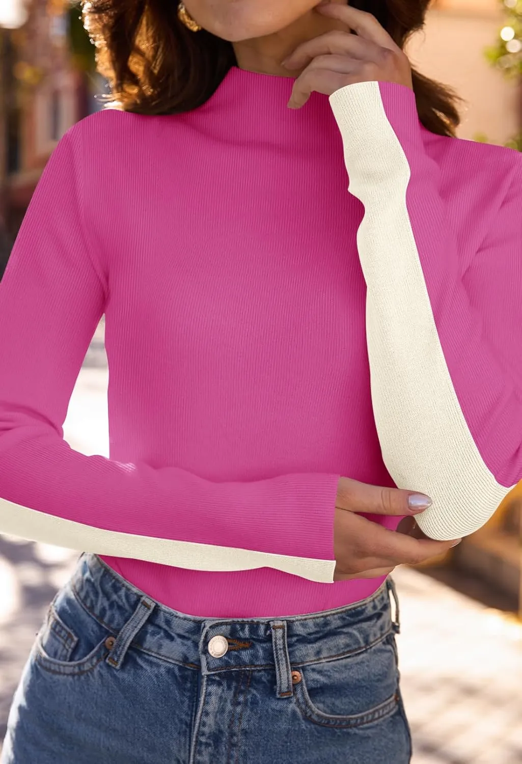 MEROKEETY Women's 2025 Fall Mock Neck Lightweight Pullover Sweater Fitted Ribbed Long Sleeve Color Block Knit Tee Shirt Tops