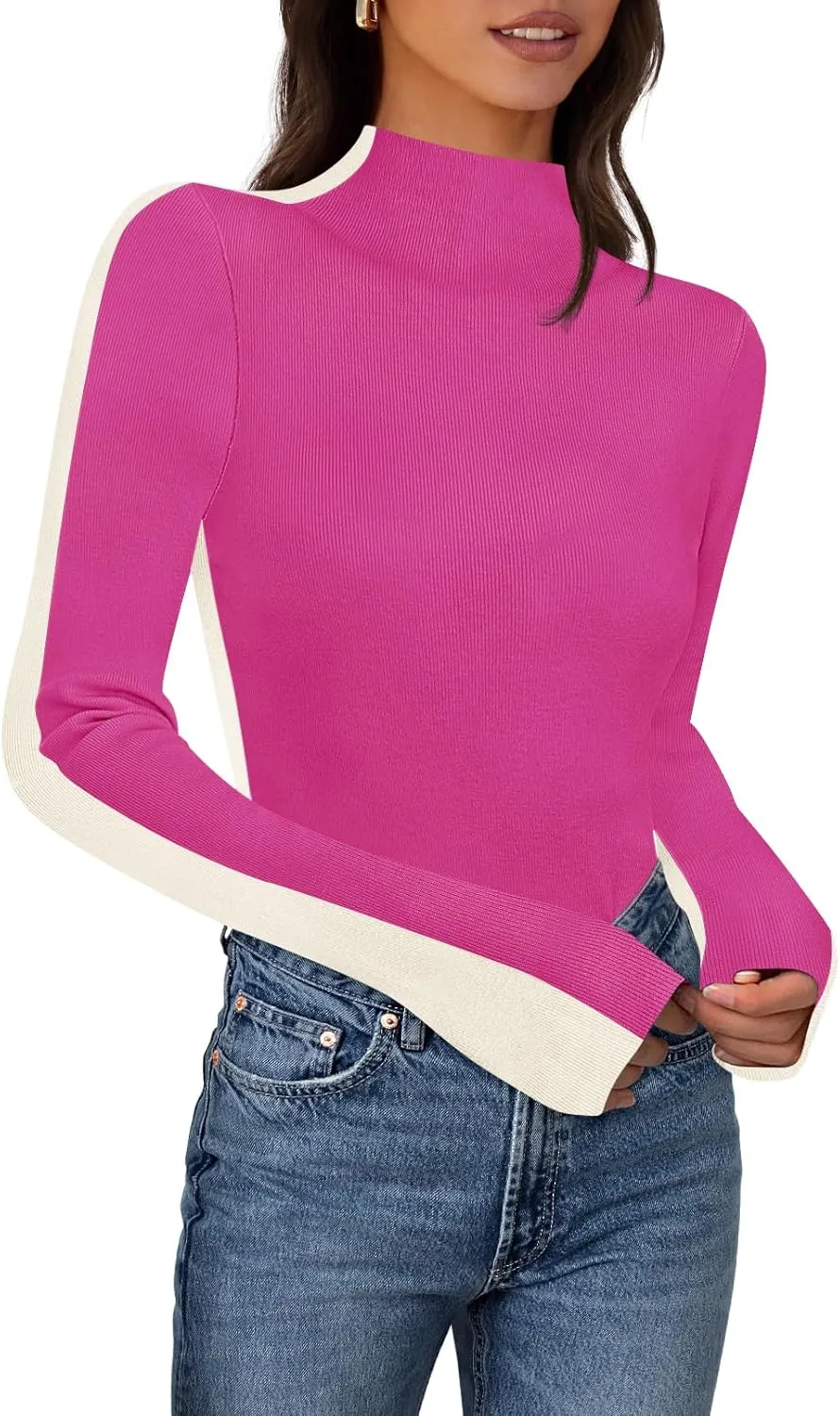 MEROKEETY Women's 2025 Fall Mock Neck Lightweight Pullover Sweater Fitted Ribbed Long Sleeve Color Block Knit Tee Shirt Tops
