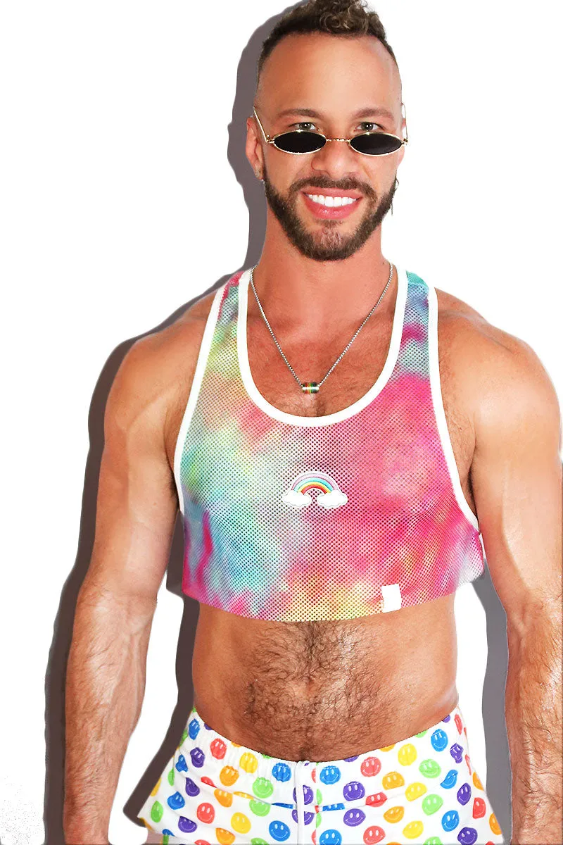 Rainbow Patch Mesh Crop Racerback Tank- Multi