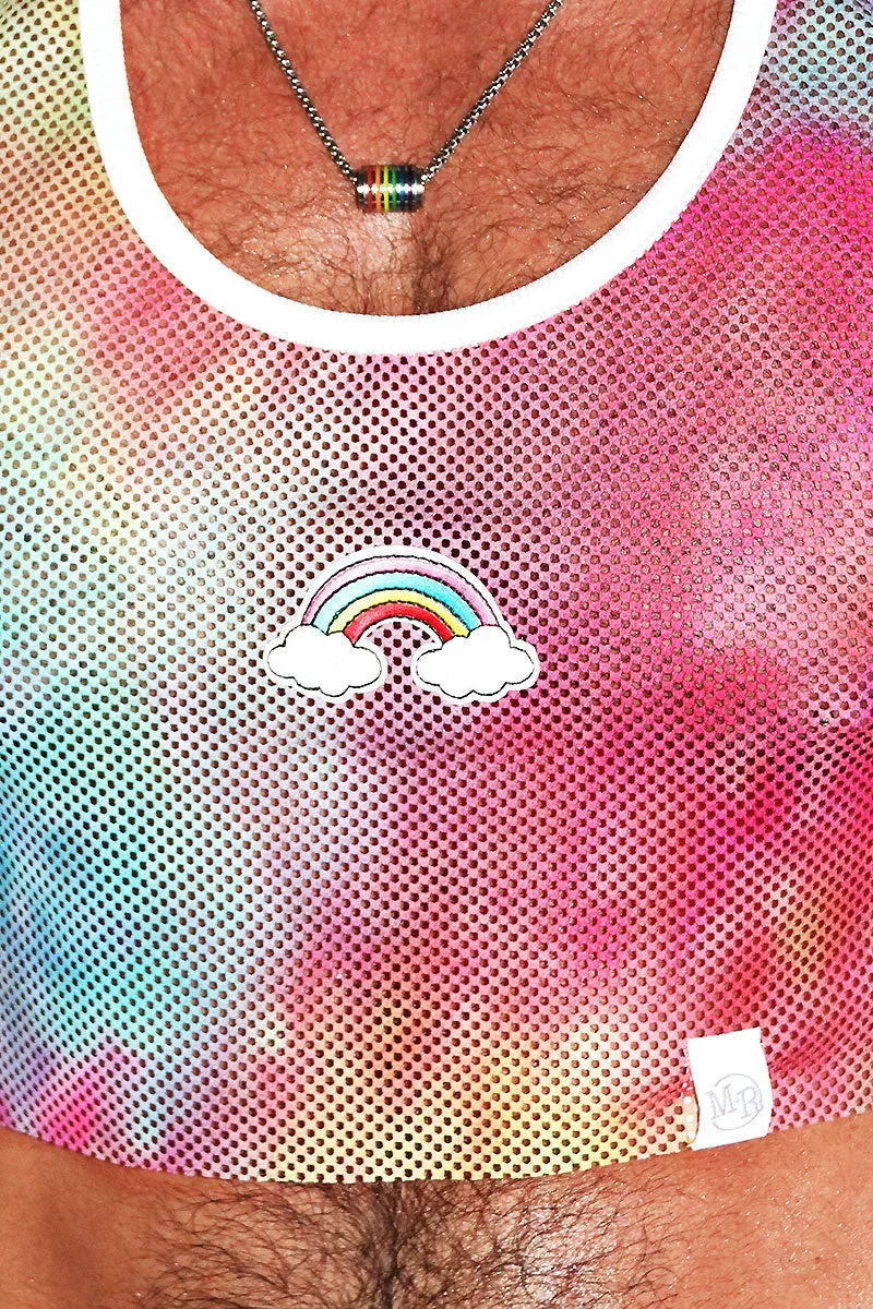 Rainbow Patch Mesh Crop Racerback Tank- Multi