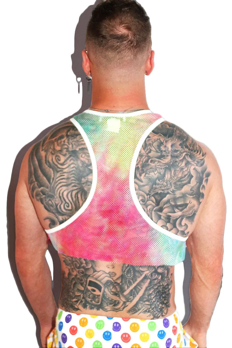 Rainbow Patch Mesh Crop Racerback Tank- Multi