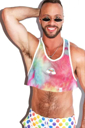 Rainbow Patch Mesh Crop Racerback Tank- Multi