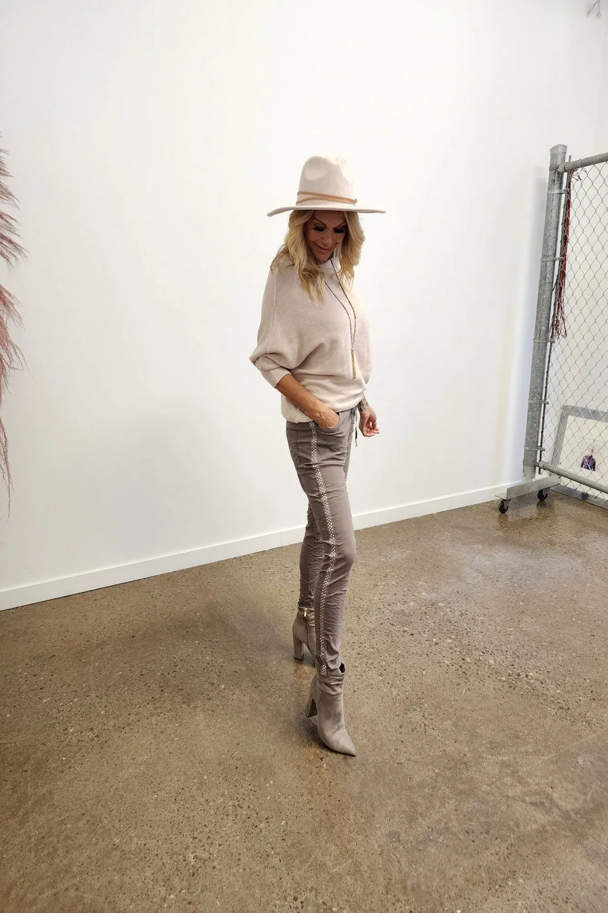 Taupe Drawstring Crinkle Joggers With Studs