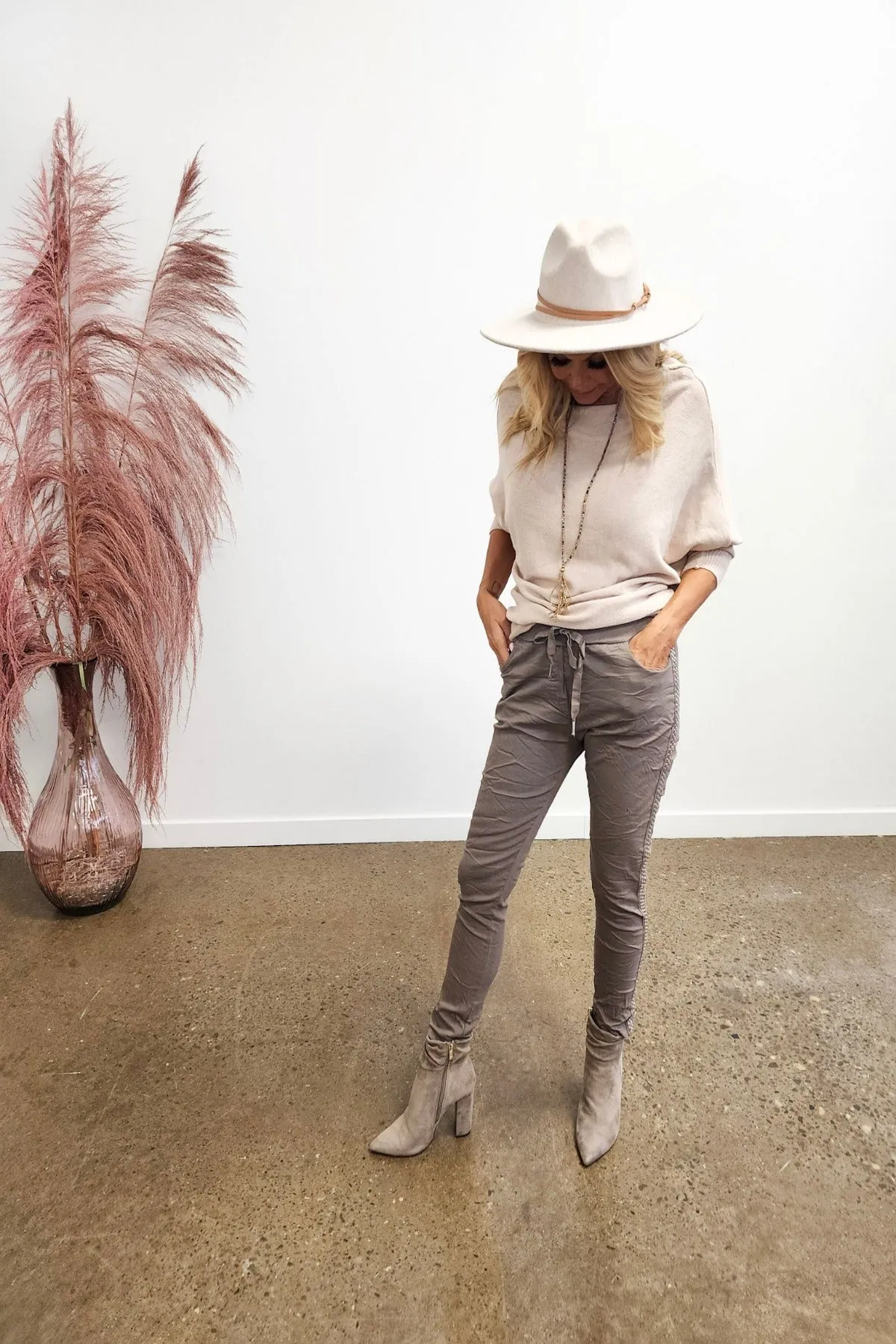 Taupe Drawstring Crinkle Joggers With Studs