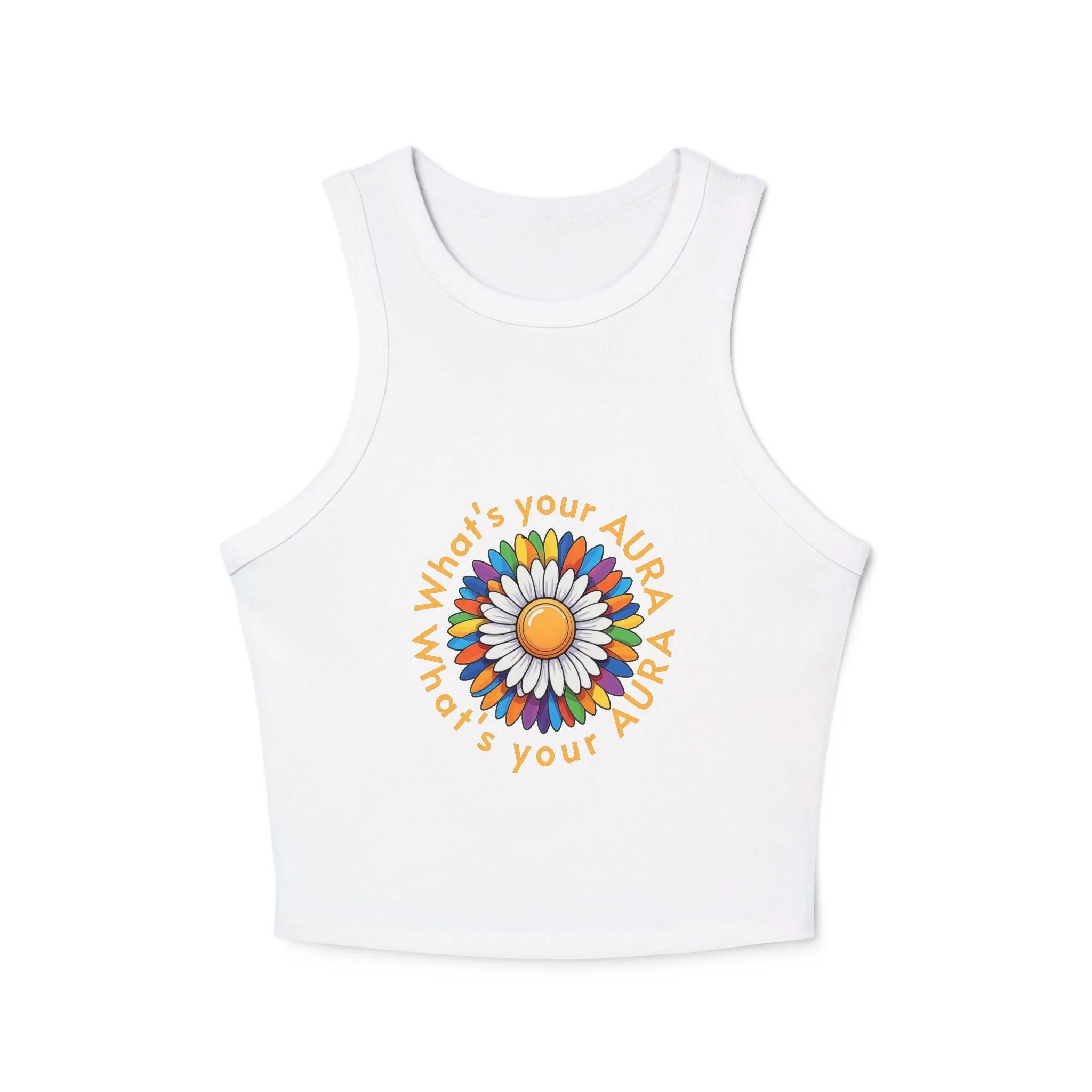Women's Micro Rib Racer Tank Top – Happy Sun Design with 'What's Your Aura?'"