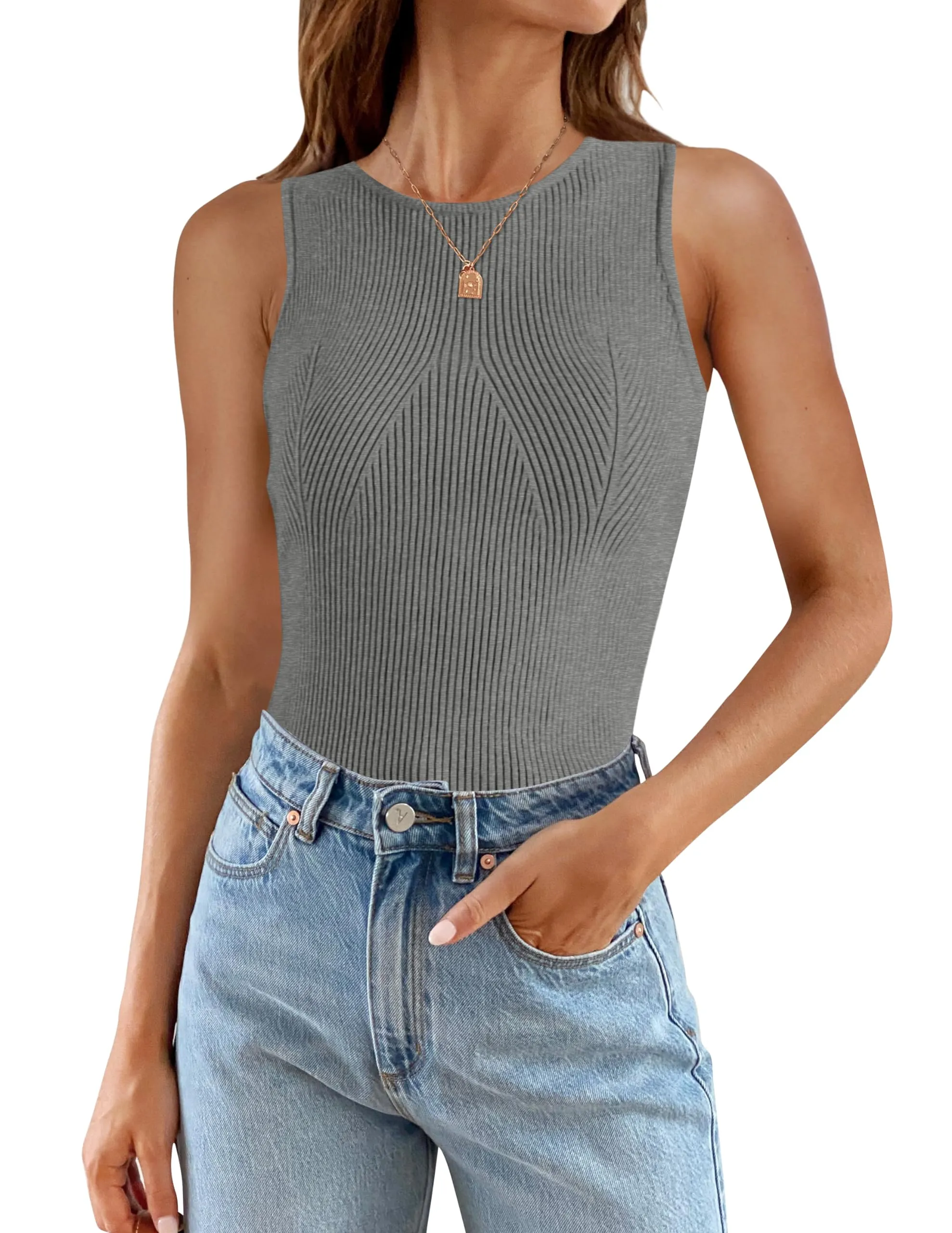 ZESICA High Neck Ribbed Slim Fitted Tank Top