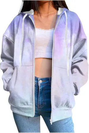 Zip Up Hoodies for Women Long Sleeve Trendy Gradient Sweatshirt Casual Oversized Hoodie Comfy Pullover with Pockets