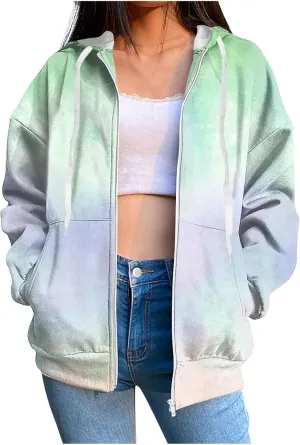 Zip Up Hoodies for Women Long Sleeve Trendy Gradient Sweatshirt Casual Oversized Hoodie Comfy Pullover with Pockets