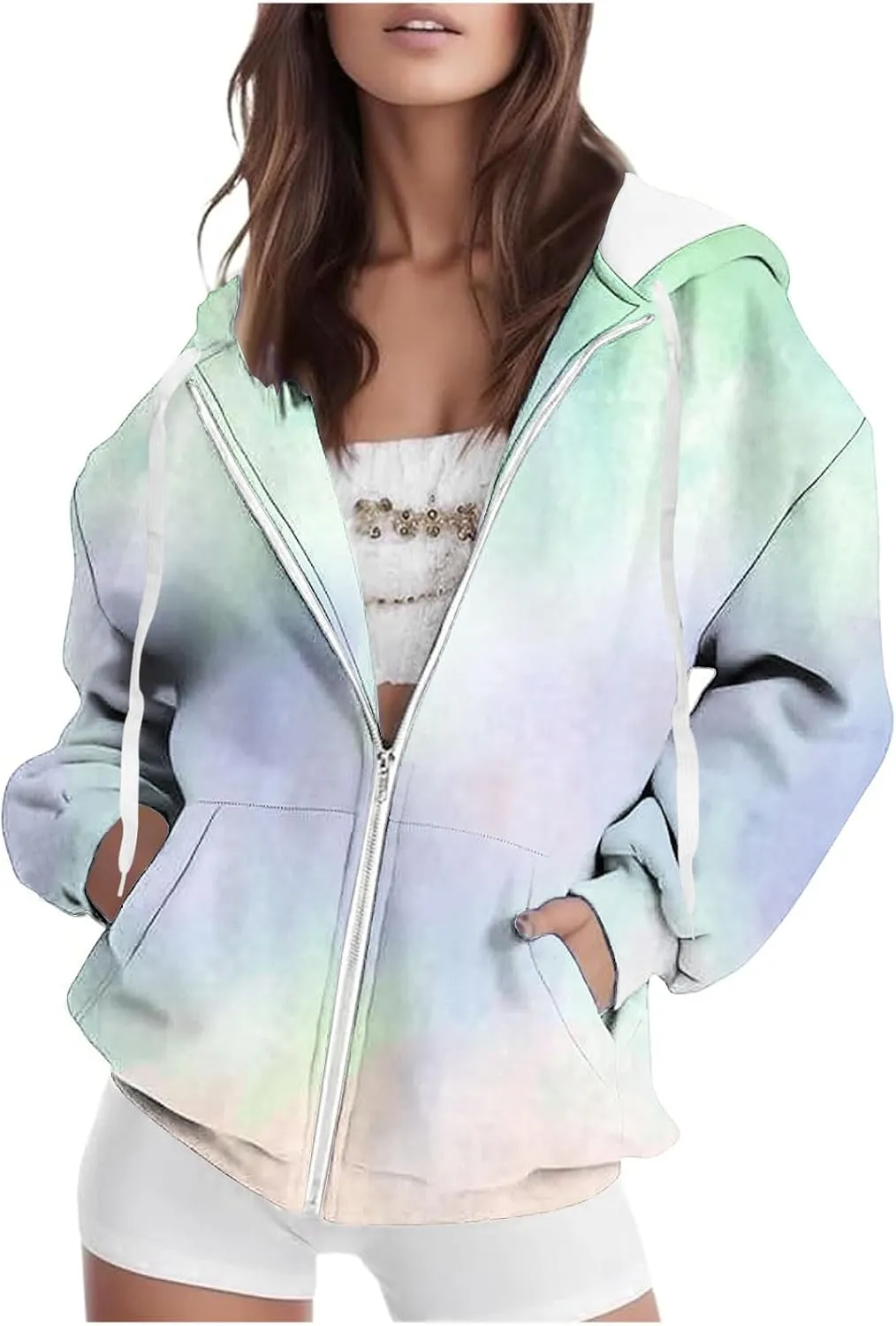 Zip Up Hoodies for Women Long Sleeve Trendy Gradient Sweatshirt Casual Oversized Hoodie Comfy Pullover with Pockets